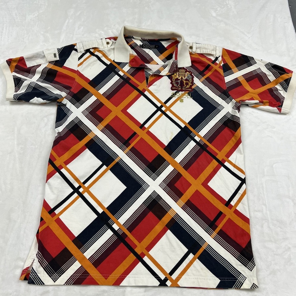 Coogi Polo Shirt Mens XXL Multicolor Plaid Crest Epaulettes Short Sleeve